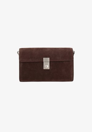 Borsa a pochette in suede marrone scuro con forma rettangolare e chiusura rettangolare in argento al centro frontale.