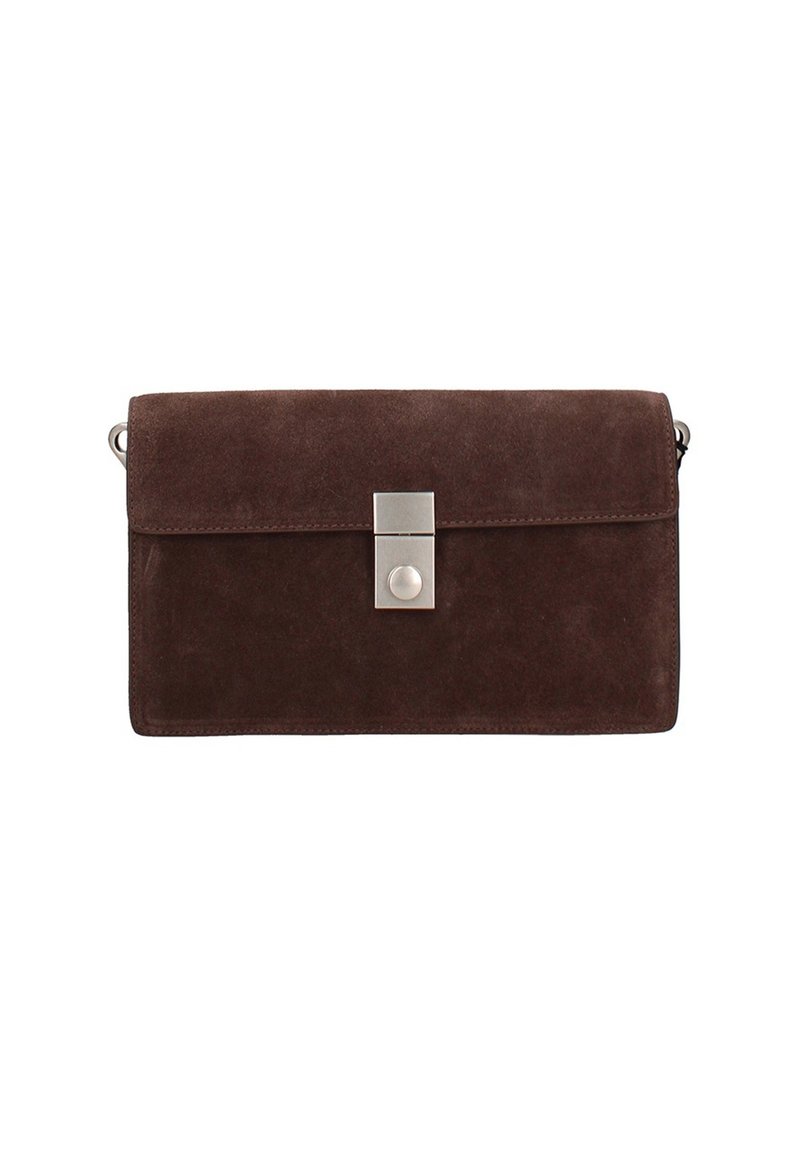 Borsa a pochette in suede marrone scuro con forma rettangolare e chiusura rettangolare in argento al centro frontale.