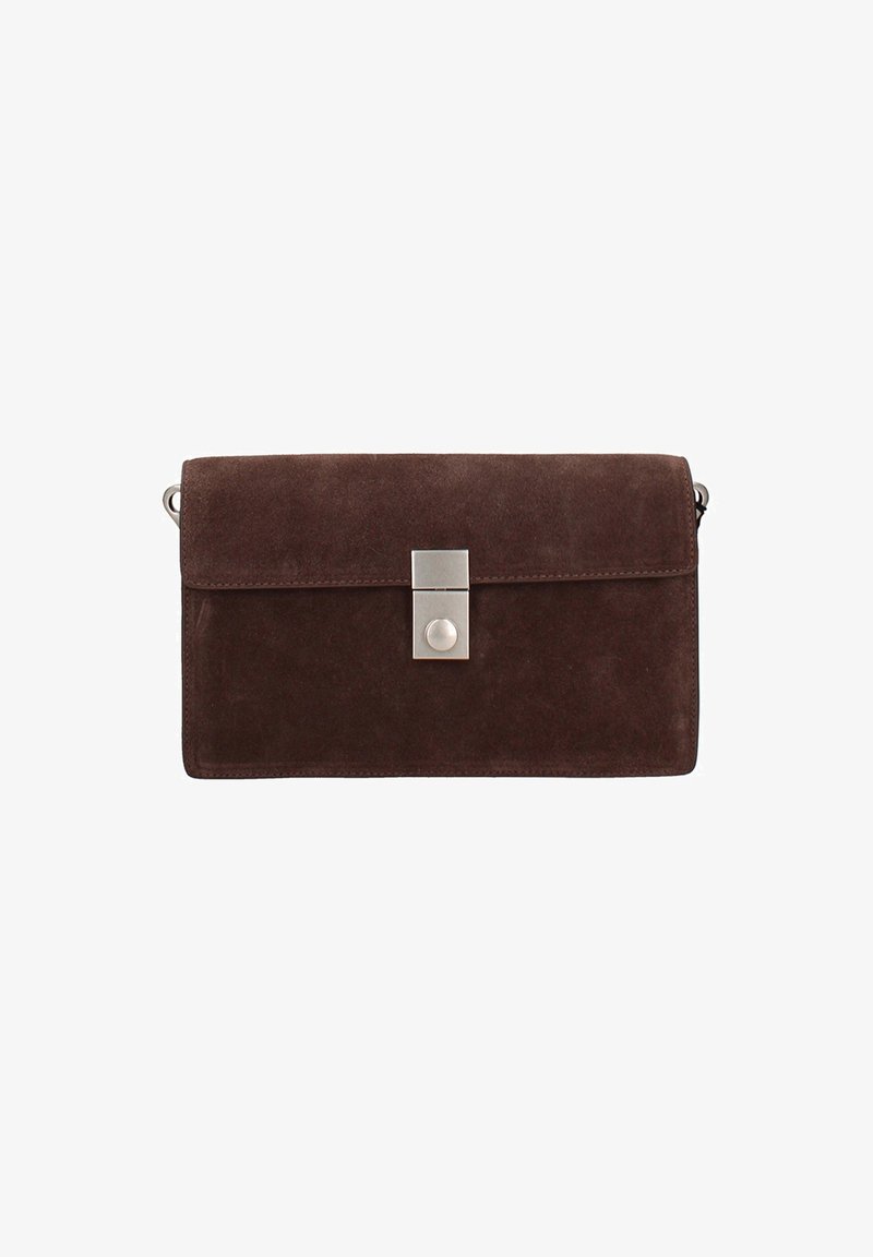 Borsa a pochette in suede marrone scuro con forma rettangolare e chiusura rettangolare in argento al centro frontale.