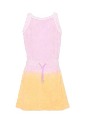 Abito smanicato a collo halter con metà superiore rosa e metà inferiore gialla, con vita con coulisse.