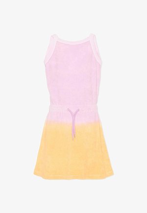 Sukienka bez rękawów z dekoltem halter, różową górną częścią i żółtą dolną, z wiązaniem w talii.