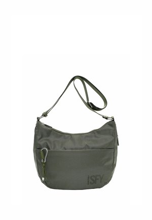 Oliivinvihreä, teksturoitu olkalaukku säädettävällä hihnalla, etuosassa vetoketjullinen tasku ja metallinen karabiinilukko vasemmalla etupuolella.