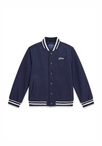 Giacca varsity blu navy in tessuto morbido, con collo e polsini a costine bianchi a righe, chiusura frontale con bottoni e due tasche laterali.