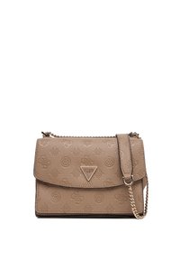 Borsa a tracolla in ecopelle beige con motivi a logo in rilievo, chiusura a patta, tracolla in catena dorata e accento a triangolo con logo.
