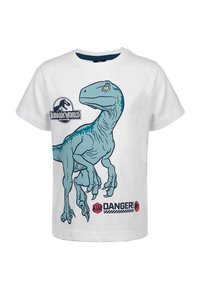 Weißes Baumwoll-T-Shirt mit einem blauen Dinosaurier-Design, dem "Jurassic World"-Logo und rotem "DANGER!"-Text, ausgestattet mit einem Rundhalsausschnitt.