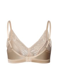 Reggiseno beige con inserti in pizzo e spalline regolabili. Presenta una schiena liscia e una chiusura a gancio, offrendo una combinazione di texture e design.