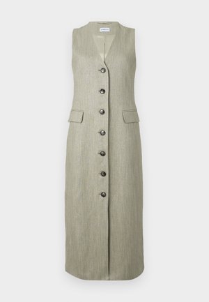 Sleeveless, long green dress with a subtle texture, v-neck, front button closure, and two front pockets. Black buttons contrast the fabric.