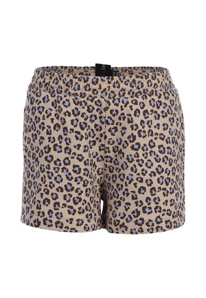 Beige korte broek met elastische taille en bruin-blauw luipaardpatroon, voorkant zichtbaar op een witte achtergrond.