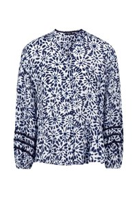 Blouse blanche à manches longues avec imprimé floral abstrait bleu marine, devant à boutons, poignets élastiques et bandes en dentelle décoratives sur les manches.