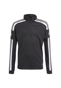 Schwarzer sportlicher Pullover mit halbem Reißverschlusskragen, weißen Streifen auf den Schultern und Logo auf dem linken Ärmel. Weiche Textur und normale Passform.
