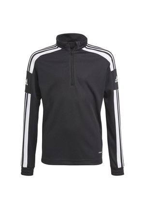 Zwarte sportieve pullover met een halve ritssluiting, witte strepen op de schouders en een logo op de linker mouw. Zachte textuur en regular fit.