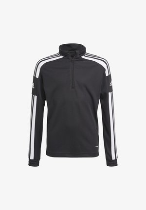 Schwarzer sportlicher Pullover mit halbem Reißverschlusskragen, weißen Streifen auf den Schultern und Logo auf dem linken Ärmel. Weiche Textur und normale Passform.