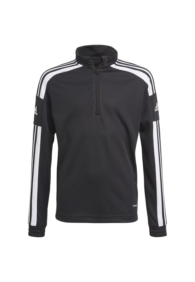 Schwarzer sportlicher Pullover mit halbem Reißverschlusskragen, weißen Streifen auf den Schultern und Logo auf dem linken Ärmel. Weiche Textur und normale Passform.