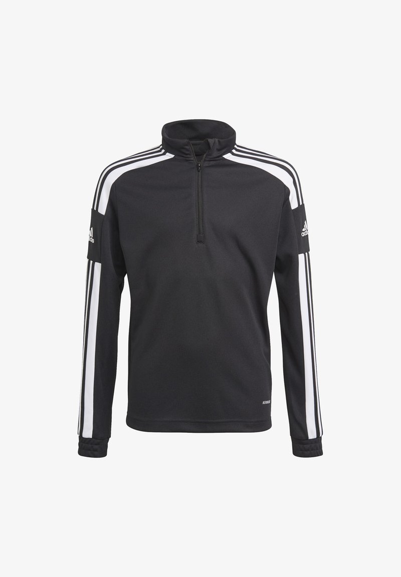 Black athletic pullover with a half-zip collar, white stripes on shoulders, and logo on the left sleeve. Soft texture and regular fit.