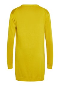 Langsleeve gele trui, zachte gebreide textuur, ronde halslijn, geribbelde manchetten en zoom, effen kleur zonder patronen of versieringen.