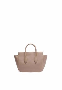 Sac fourre-tout en cuir beige avec deux poignées arrondies, une forme structurée, des lignes épurées et des côtés légèrement évasés. Texture lisse et mate.