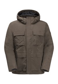 Brown padded jacket with a hood, featuring a front zipper, four large flap pockets, and a smooth texture. Stylish yet functional design.