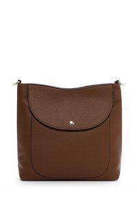 Pruun krobeline nahast õlakott, millel on esiküljel klapikott, mis on kinnitatud ühe kuldse nupuga ja ülemine tõmblukk.