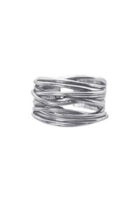 Silver-tone metal ring featuring an intertwined design with a polished finish and smooth texture, showcasing multiple layered strands.