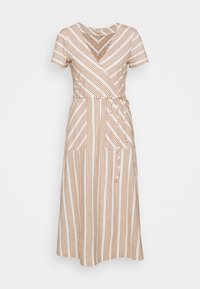 Abito avvolgente a righe in crema e ruggine, maniche corte, scollatura a V, con due tasche frontali e una cintura per una vestibilità regolabile. Tessuto morbido.