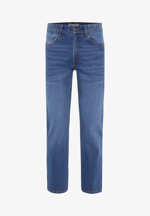 Blue denim jeans with a straight-leg design, featuring five pockets, visible stitching, and a faded front panel for texture.
