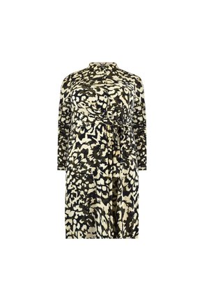 Pitkähihainen mekko, jossa musta, kerma ja oliivinvihreä abstrakti kuvio. Kietaisumalli, jossa solmittava vyötärö ja kauluskaulus.