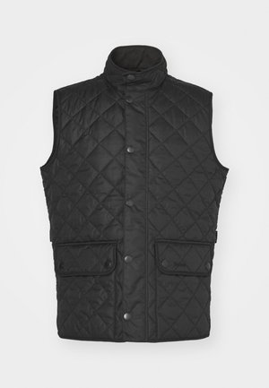 Zwarte gewatteerde vest met een hoge kraag, voorzien van twee voorzakken en drukknoopsluitingen, gemaakt van een glad, lichtgewicht materiaal.