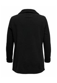 Manteau noir à manches longues avec col, présenté de dos, avec un ourlet droit et des manches à poignets.