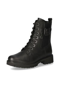 Botas de tobillo de cuero negro con cremallera, parte delantera con cordones, detalle de hebilla y suela de goma resistente con un diseño texturizado.