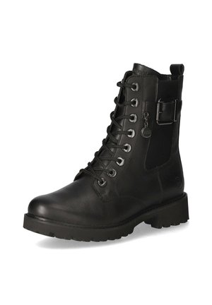 Bottes de cheville en cuir noir avec fermeture éclair, avant lacé, accent de boucle et semelle en caoutchouc robuste avec détails texturés.