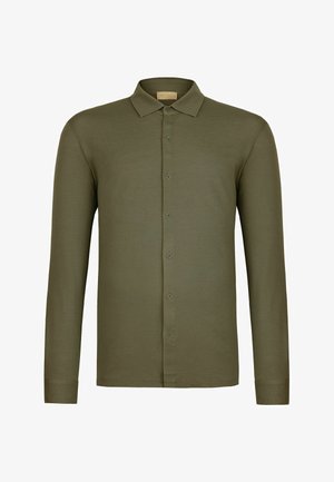 Długa oliwkowozielona koszula na guziki z kołnierzykiem, o dzianinowej fakturze i małych guzikach z przodu.