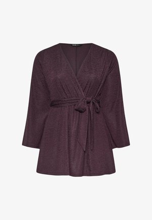 Blommefarvet top med omslag lavet af tekstureret stof, med en dyb V-udskæring, lange ærmer og et bælte i taljen for justerbar pasform.