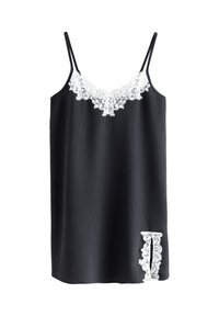 Robe noire sans manches en tissu texturé, ornée d'un bord en dentelle blanche le long de l'encolure et d'un détail en dentelle sur le côté.