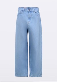 Light blue wide-leg jeans made of denim, featuring a high waist, front pockets, and a button closure, displaying a smooth texture.