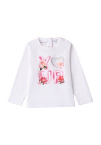 Camicetta bianca a maniche lunghe con "YOU" e "UP" in rosa, decorata con motivi floreali e un cuore argentato. Materiale in cotone morbido, design con scollo rotondo.