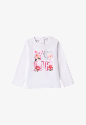 Chemise blanche à manches longues avec "YOU" et "UP" en rose avec des motifs floraux et un cœur argenté. Matière en coton doux, design col rond.