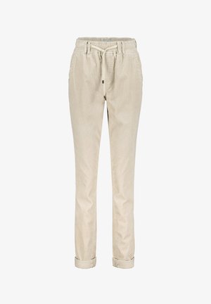 Beige kordfløjlsbukser med elastisk talje og snoretræk. Taperede ben med opfoldede manchetter og lodret ribbet tekstur.