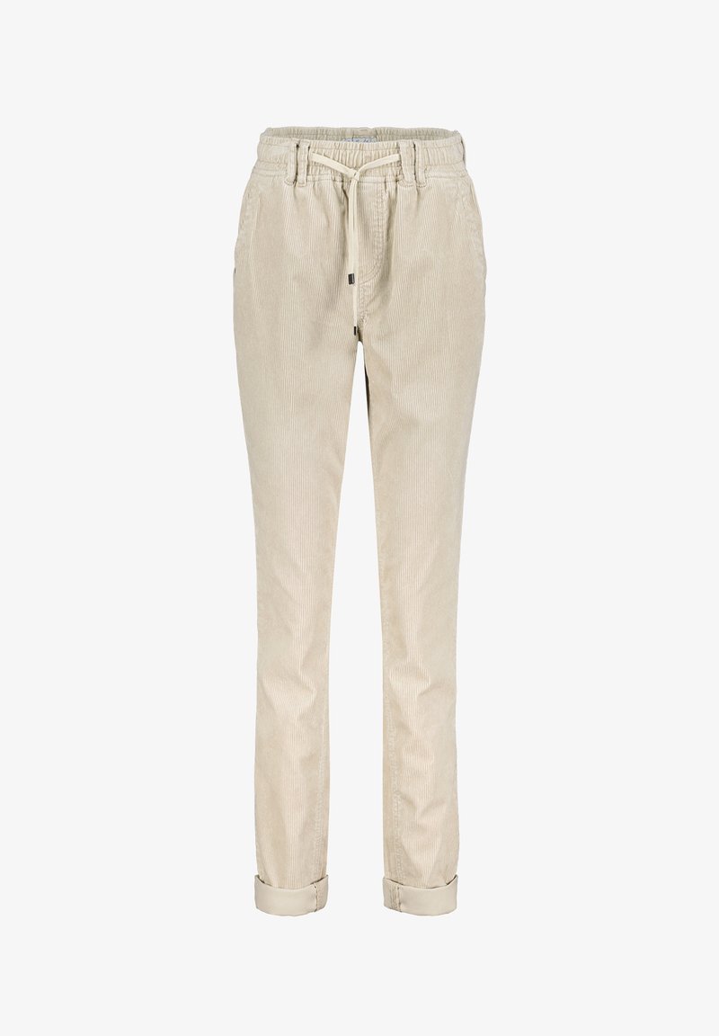 Beige kordfløjlsbukser med elastisk talje og snoretræk. Taperede ben med opfoldede manchetter og lodret ribbet tekstur.