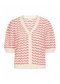 Cardigan à manches courtes en crème avec un motif ondulé rouge, présentant un col en V, une fermeture à boutons et un tissu texturé.