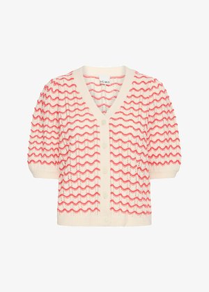 Lyhythihainen kardigan vaalean kermanvärinen, jossa on punainen aaltoileva kuvio. Siinä on V-pääntie, nappikiinnitys ja teksturoitu kangas.