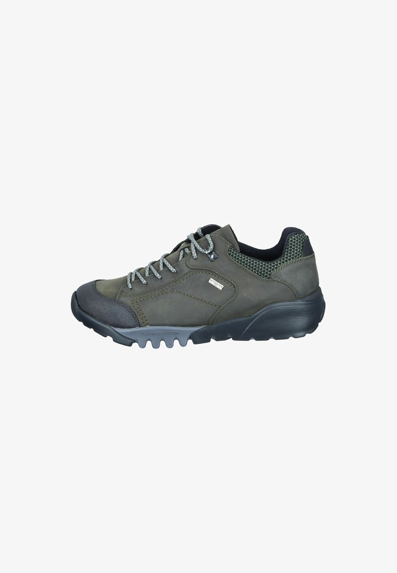 Green hiking shoe with leather and mesh upper, grey rubber toe cap, textured outsole, and grey laces. Features a padded collar for comfort.