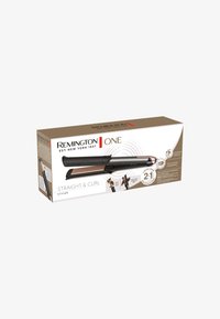 Die Verpackung des Remington One Straight & Curl Stylers besticht durch ein elegantes schwarzes Design mit Akzenten in Rosenquarz, das die doppelte Stylingfunktion präsentiert.