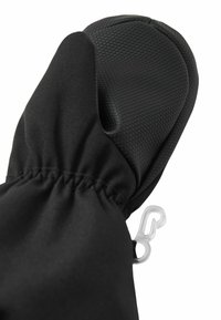 Schwarze Fäustlinge mit einer strukturierten Griffoberfläche. Ausgestattet mit einem elastischen Handgelenksbündchen und einem Haken zur Befestigung. Hergestellt aus strapazierfähigem, wasserdichtem Material.