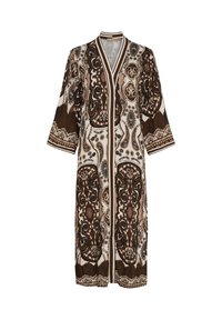 Lång, mönstrad kimono med V-ringad design. Har intrikata bruna, krämfärgade och svarta paisleymotiv. Elegant 3/4-längd ärmar.