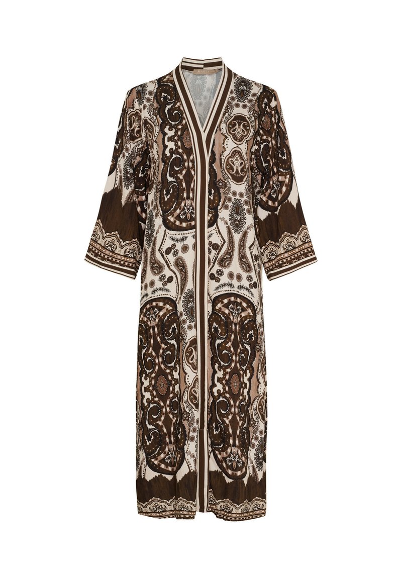 Lång, mönstrad kimono med V-ringad design. Har intrikata bruna, krämfärgade och svarta paisleymotiv. Elegant 3/4-längd ärmar.