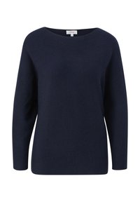 Tmavě modrý žebrovaný pletený svetr s širokým lodním výstřihem a dlouh�ými rukávy; hladká textura a uvolněný střih. Styl na přetáhnutí.