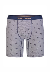 Boxershorts mit einem marineblauen Taillenbund, auf dem "HAPPY SHORTS" steht. Der hellgraue Stoff zeigt ein sich wiederholendes Palmenmuster auf einem gestreiften Hintergrund.