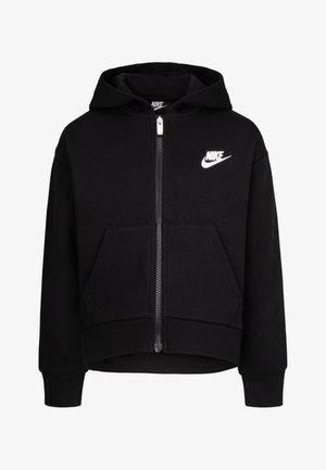 Svart zip-up hettegenser med hette, frontlommer og hvit Nike-logo på venstre bryst. Laget av mykt stoff, med ribbestrikkede mansjetter og kant.