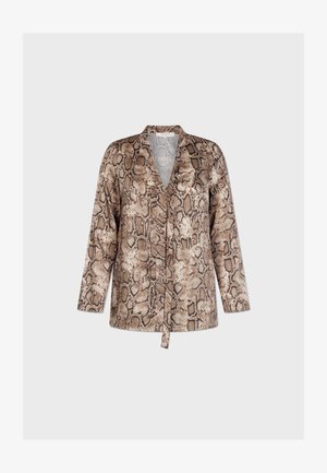 Blúzka s hnedým hadím vzorom, s V-výstrihom, dlhými rukávmi a viazaním v páse. Vyrobená z hladkej, ľahkej látky.