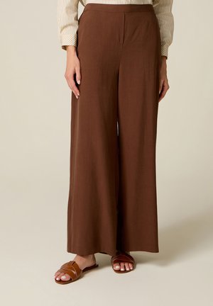 Vrouw die hoge taille, wijde bruine broek en bruine open-toe platte sandalen draagt, staand tegen een effen beige achtergrond.